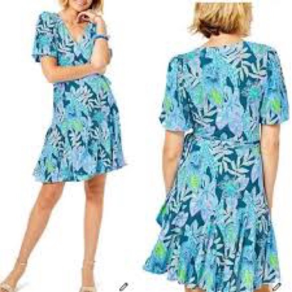 Lilly Pulitzer Dresses & Skirts - Lilly Pulitzer Kessler  Blue‎ Floral Dress wrap dress puff sleeve